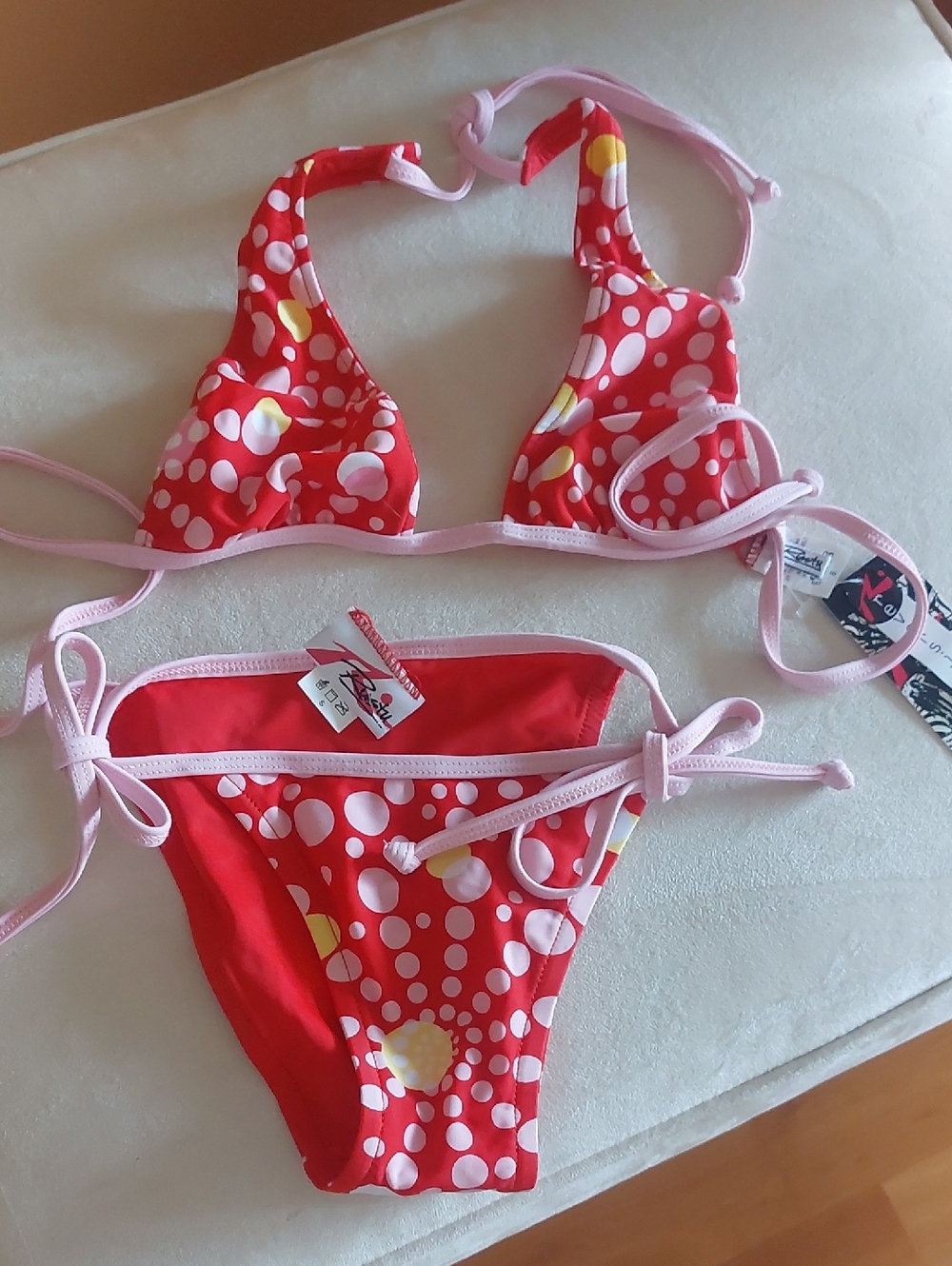 Rusty Red Polka Dot Bikini with Pink Trim